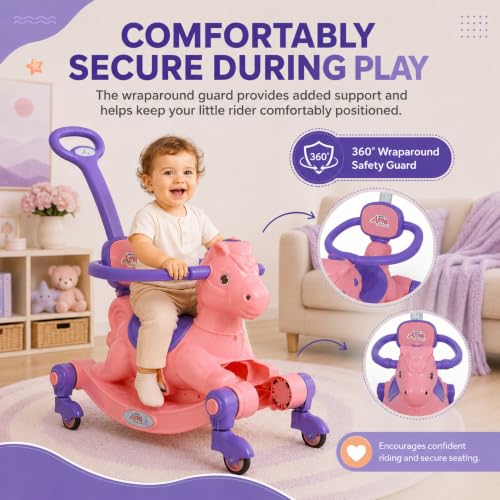 Image of 3 in 1 Baby Horse Rider for Kids 1-5 Years with Parent Handle, Rocking Horse, Ride On Toy, 360 Safety Guard, Music, Swivel Wheels, Backrest, Baby Ride On for Boys & Girls (Pink)