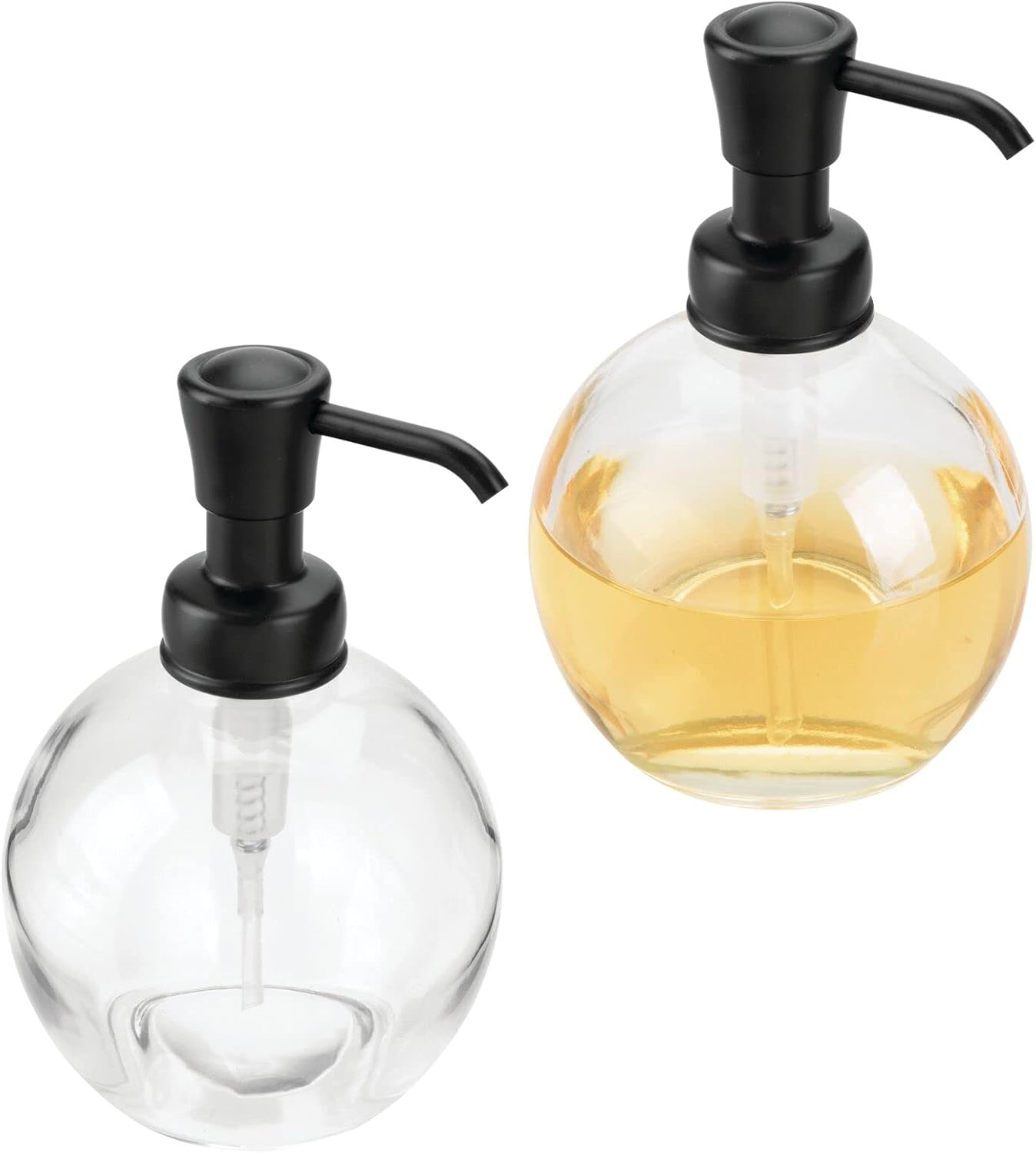mDesign Round Glass Refillable Liquid Soap Dispenser Pump Bottle for Bathroom Vanity Countertop, Kitchen Sink - Holds Hand Soap, Dish Soap, Hand Sanitizer, Essential Oils - 2 Pack - Clear/Matte Black