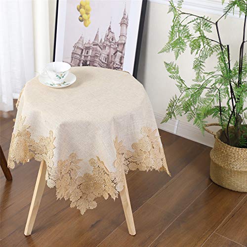 Inmerget Mantel de encaje de lino de algodón marrón con bordado de flores pequeñas cubiertas cuadradas para soporte final de mesa decoración de 85 x 85 cm Cover