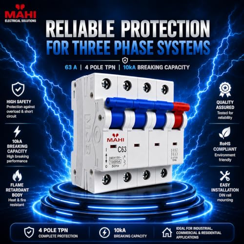 Image of MAHI 63A Four Pole MCB C Curve, Miniature Circuit Breaker with Overload & Short Circuit Protection, 63A Breaking Capacity, Durable Polycarbonate Body for Home & Industrial Use
