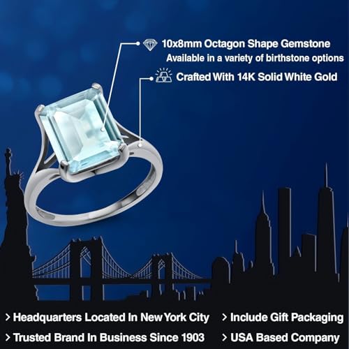 Gem Stone King 14K White Gold Gemstone Birthstone Solitaire Engagement Ring | Emerald Cut 10X8MM | Wedding Anniversary Promise Gold Ring For Women | Available In Size 5-9.52