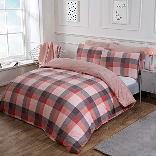 Dreamscene Check Tartan Winter Check Teddy Fleece Fluffy Omkeerbaar Ultra-Soft Easy Care Dekbedovertrek met bijpassende kussensloop, Blush Pink Grey, Double - Afbeelding 4