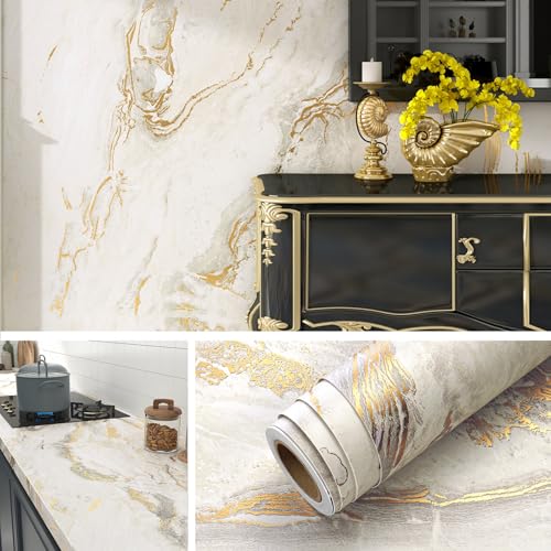 Livelynine 15.8x197 White Contact Paper Peel and Stick Countertops Waterproof White and Gold Marble Wallpaper for Bathroom Bedroom Walls Renter Friendly Countertop Cover Kitchen Granite Desk Covering by Livelynine - Used condition - US$15.14