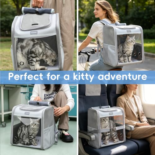 Image of Cawypety Cat Backpack Carrier, Breathable Cat Carrier Large Space Bubble Pet Backpack For Kitty Small Dog Up To 15Lbs, Transparent & Foldable Pet Carrier For Travel Hiking (Light Gray) | Collapsible and Breathability, Sunshade Curtain, Transparent Window, Travel Backpack Suitable for Vet Hiking, Walking Outdoor