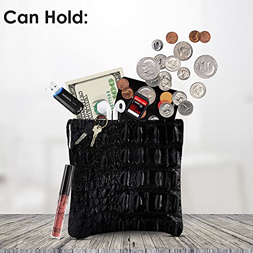 Image of Nabob Leather Genuine Leather Squeeze Coin Purse, Coin Pouch Made IN U.S.A. Change Holder For Men /Woman Size 3.5 X 3.5 (Black Croc)