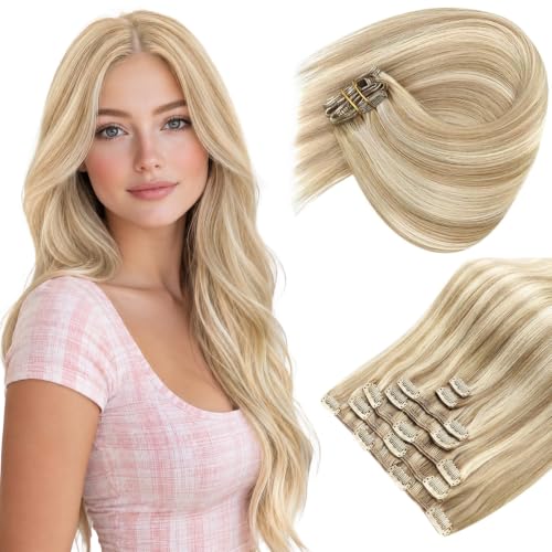 Image of Sunny Hair Clip in Hair Extensions Real Human Hair Blonde | 14 Inch Remy Hair Extensions Clip in Human Hair Blonde Highlight adds Natural Looking Soft Waves for Date Night 105g