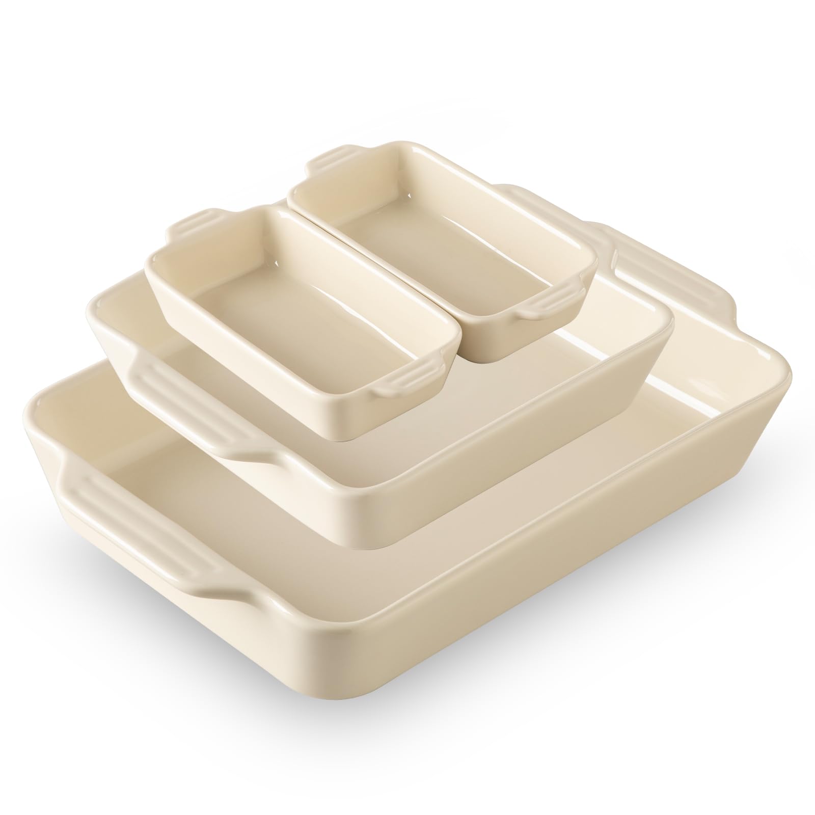Sweejar Home Set di 4 teglie da forno in ceramica, rettangolari con manici, teglie per lasagne profonde per cucinare, gratinare, arrostire, banchetti e uso quotidiano (beige)