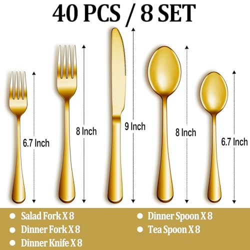 Image of 40 Pcs Gold Silverware Set Service for 8, Premium Stainless Steel Flatware Set, Cutlery Utensil Set, Durable Home Kitchen Eating Tableware Set, Include Fork Knife Spoon Set, Dishwasher Safe