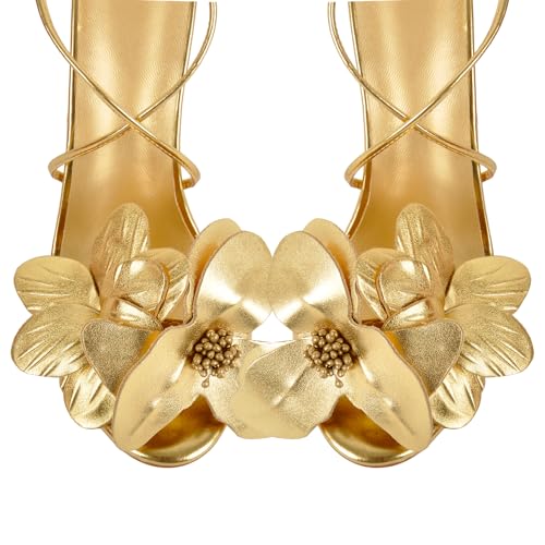 richealnini Golden Floral Heels for Women Elastic Lace Up Strappy Sandals with Flowers and Stiletto Heels3