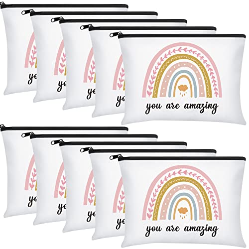 Chunful 10 Pieces Inspirational Canvas Makeup Bags for Women Graduation Gift Rainbow Canvas Cosmetic Bags Bulk with Zipper Friendship Gift Travel Toiletry Pouch(Cloud Style)