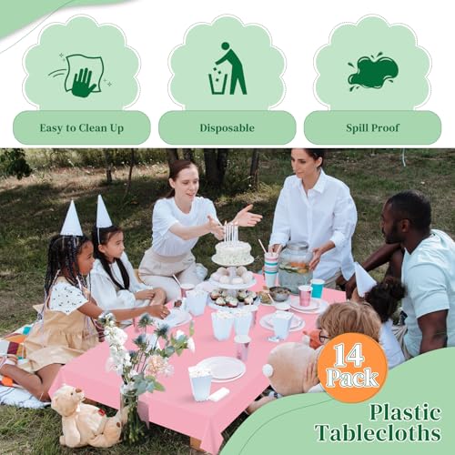 Image of Pink 14 Pack 54 x 108 Inch Plastic Tablecloths, Disposable Rectangle Tablecloth, Party Table Cover Plastic Table Cloth