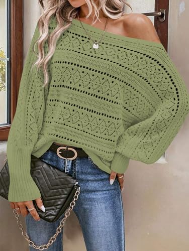 Image of Cakulo Womens Off Shoulder Sweater Top Fall Outfits Fashion 2025 Oversized Knit Batwing Long Sleeve Crochet Pullover Sweaters