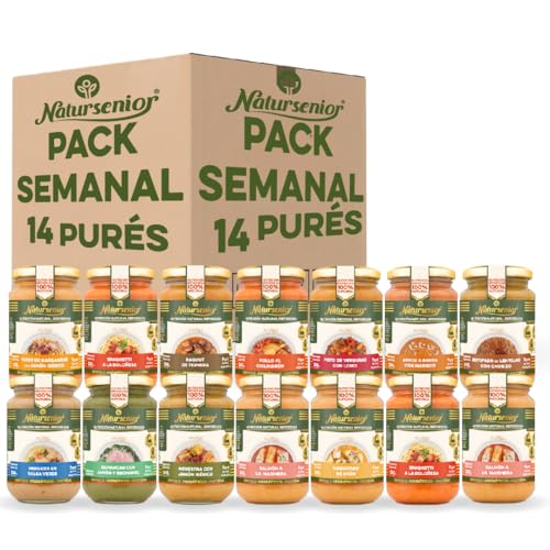 Natursenior - Pack SEMANAL Purés Comidas y Cenas x14 ud - Puré para adultos y Personas con dificultad para tragar - Sabores Caseros - Alta Nutrición - 100% Natural,Omega 3, Fibra, Proteína - 14x 340g