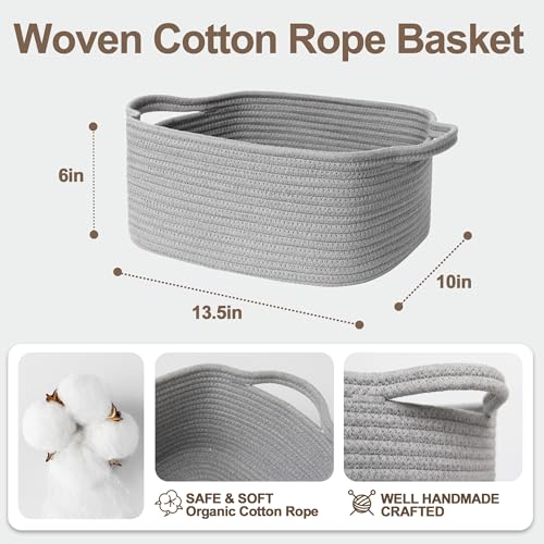 Image of Cute Gray Gift Basket, Woven Baskets for Gifts Empty, Cotton Rope Storage Bin for Organizing, Kids Cat Dog Toy Box, Baby Nursery Organizer, Wicker Easter Basket with Handle, Grey Room Decor