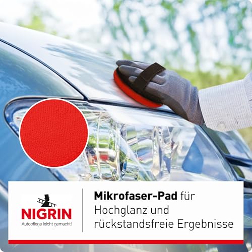 NIGRIN Hand-Polierpads, zum gleichmäßigen Auftragen von Polituren und Wachsen, mit Trägerteller und 2 Polierpads Mikrofaser & Glatt, 12,5 cm Durchmesser, 3-teiliges Set