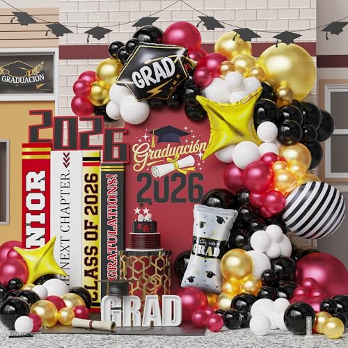 Image of Graduation Balloon Garland Arch Kit 2026, 150Pcs Burgundy Black Gold White Balloons for Class of 2026 Celebration Graduation Party Decorations, Congrats Grad Backdrop Decor