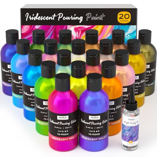 Nicpro 20 Colors Iridescent Metallic Acrylic Pour Paint Supplies Kit 8.45oz Large Ready to Pour Premixed High Flow Pouring Paint Set with Silicone Pouring Oil Gloves Instructions for Beginner DIY