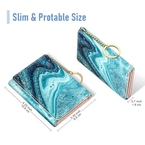 Image of Rouidr Womens Wallet, Small Slim RFID Card Wallets for Women, Cute Front Pocket Trifold Leather Card Organizer with 7 Slots & ID Window, Cyan Marble