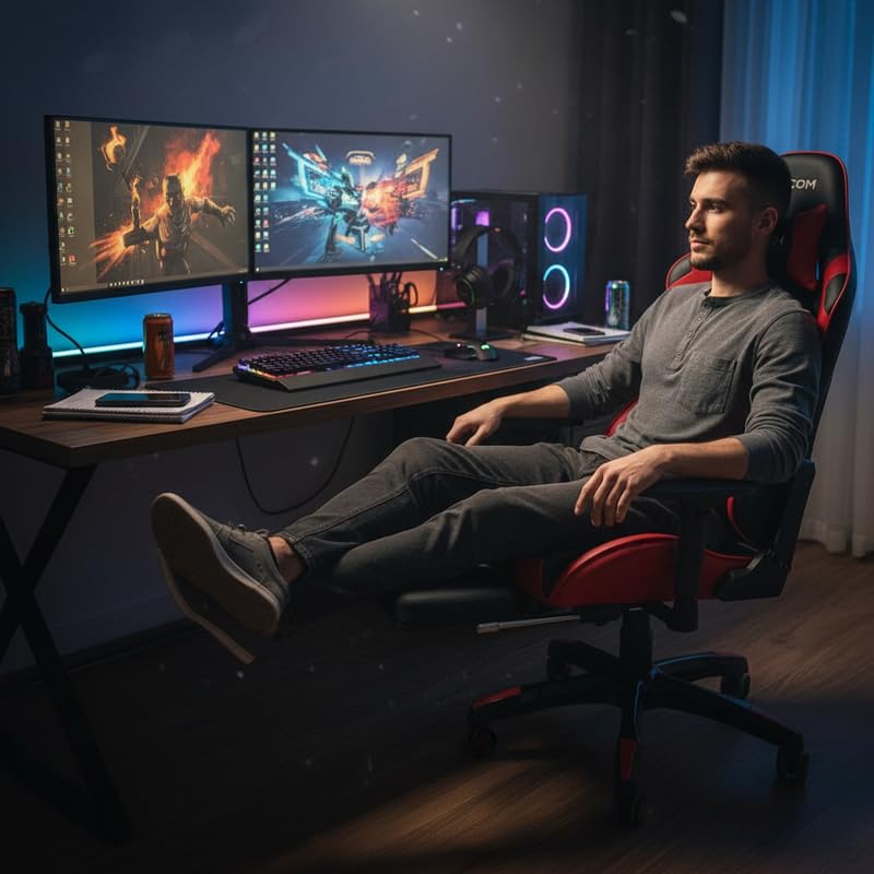 Image of Adcom Mutant Pro Adjustable Gaming Chair, PU Leather, 180 Recline, Ergonomic Neck & Lumbar Support, 4D Armrests with Footrest (Black & Red)