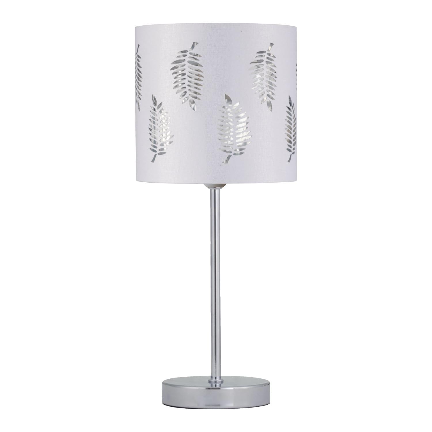 Chrome Stick Table Lamp - White Fern Shade - Bedside Light - Living Room Lamp - 35cm Height