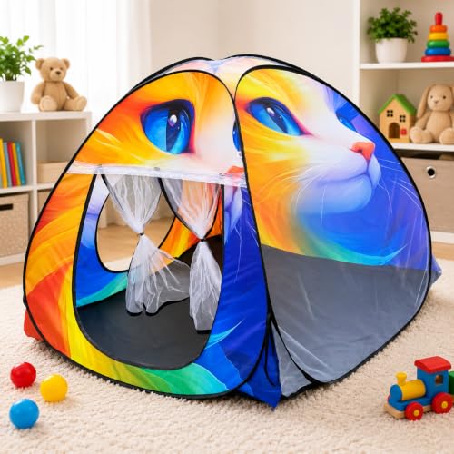 Image of Foldable Play Tent House Big Size for Girl Boys with Cat Theme Pop-Up Indoor & Outdoor Playhouse for Girls Boys Multi Purpose Tent with Fun Patterns Easy Setup & Portable (Orange)