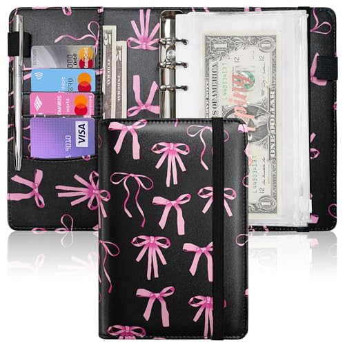 Image of A6 Budget Binder for Money Saving, PU Leather Budget Planner with 8 Cash Envelopes, Budget Sheets & Rose Gold Category Stickers, Money Organizer for Cash (Black Bow)