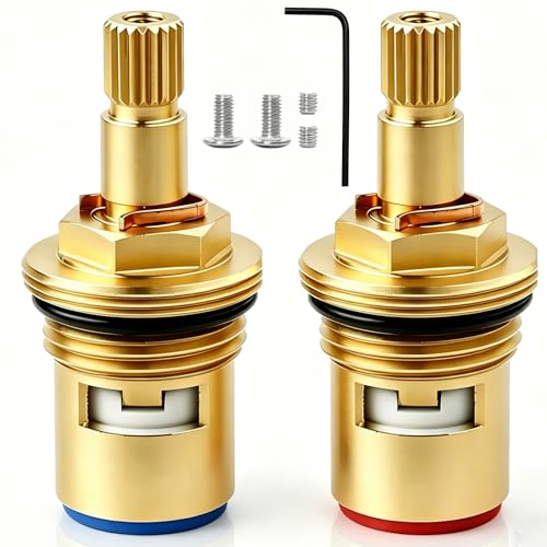 2-Pack Brass Faucet Cartridge Replacement 1/2 Ceramic Disc Hot/Cold Water Valve Core Quarter Turn 20-Tooth Stem Kit for Kitchen Sink Bathroom Faucet - Lead Free Stops Leaks & Restores Flow