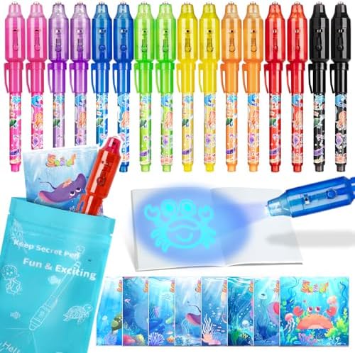 Invisible Ink Pens, 16 Pack Spy Magic Markers Pen with UV Light & Notebook Set, Secret Message Ink Pen Party Favors for Kids 4-12, Boy Birthday Gift Classroom Prizes Goody Bag Stuffers Supplies
