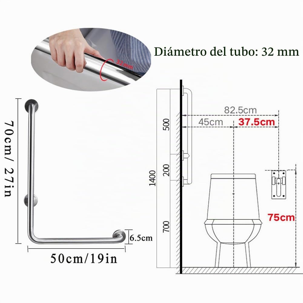 Barras de Apoyo para El Baño,70x50cm Acero Inoxidable Barra de Apoyo para Ducha en Forma de L,Pasamanos de ángulo Recto Montado en la Pared para Mujeres Embarazadas, Pe(Size:cepillado,Color:derecho)
