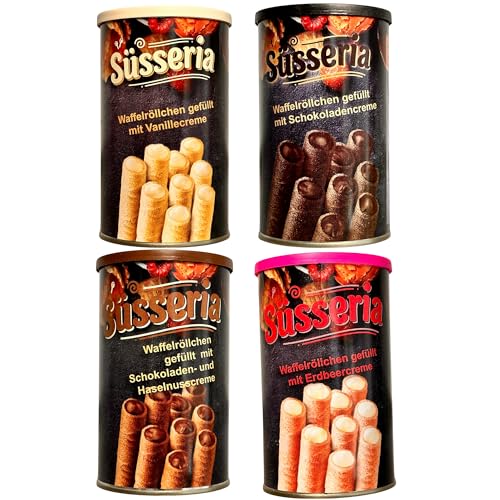 Waffelröllchen mit Cremefüllung 4 x 200g Knusprige Waffelröllchen Dose Verschiedene Sorten Schokolade Haselnuss Vanille & Erdbeere. Süsseria!!!