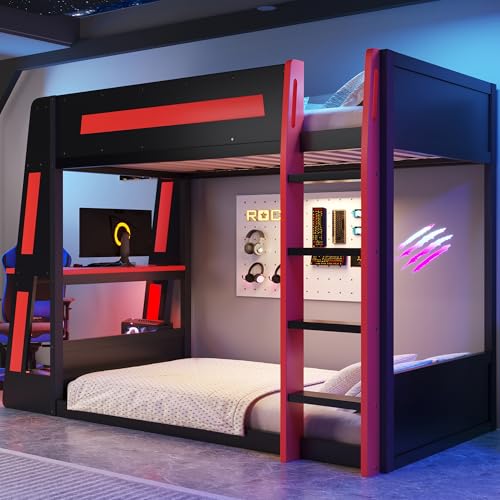Image of GDFStudio Twin Over Twin Bunk Bed Frame with Desk, USB and LED Light, Solid Wood Gaming Bunk Twin Bed with Storage Shelves, High Loft Bed Twin Size with Under Entertainment Space, Black+Red