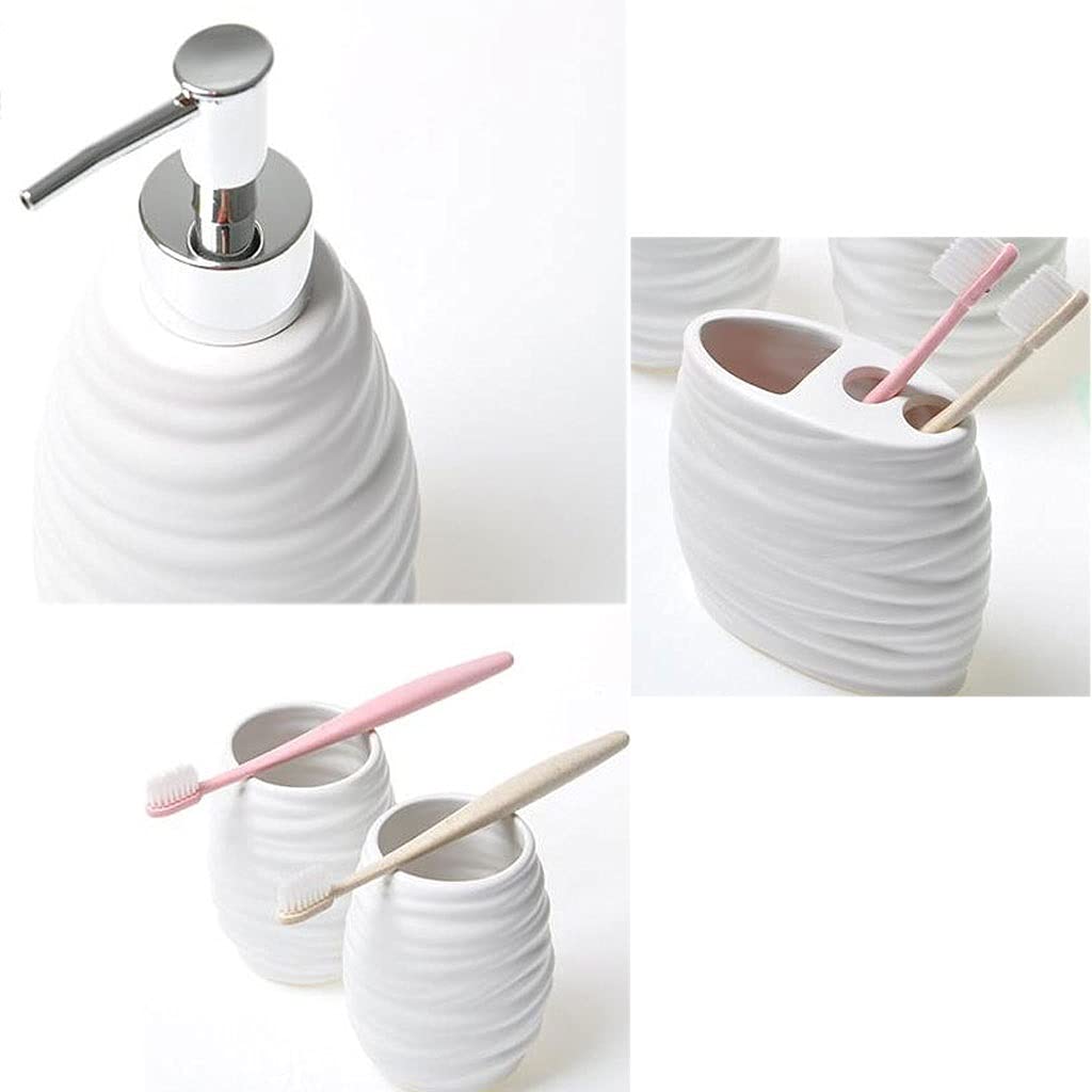 Set di Accessori da Bagno da 5 Pezzi con Dispenser per Doccia, Set Regalo con Dispenser di Sapone, Pompa, portaspazzolino, portasapone e Bicchieri per collutorio, in Ceramica/Bianco.