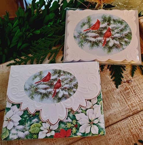 Image of Poster Foundry Set of 3 - Christmas Cardinal Boxed Note Cards by Carol Wilson Embossed 4x5 Die-Cut Notecards and Matching Envelopes in Gift Box with Magnetic Flap NCPX2020