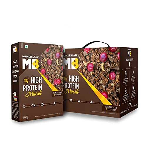 Image of MuscleBlaze High Protein Muesli 1.4 kg, Dark Chocolate & Cranberry, 18 g Protein, with Superseeds, Raisins & Almond, Protein Breakfast Cereals (Combo Pack)