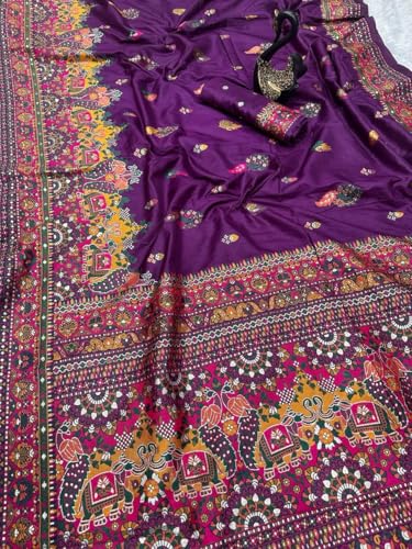 Image of SWORNOF Women's kanjivaram banarasi silk saree for Patola festival Wedding silk with rich pallu Design sarees for women with blouse piece