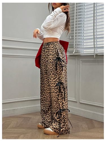 Milumia Women's Leopard Print Bow Tie Side Pants Low Rise Wide Leg Sweatpants2