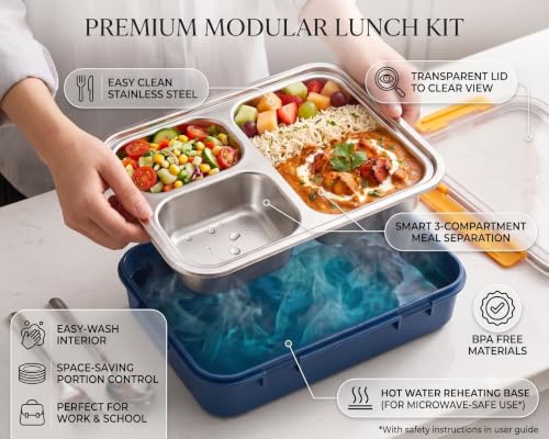 Image of 3 Compartment Stainless Steel Lunch Box with Spoon & Fork | Leak Proof Bento Tiffin Box for Kids & Adults | Food Grade Container for Office, School, College & Traveler