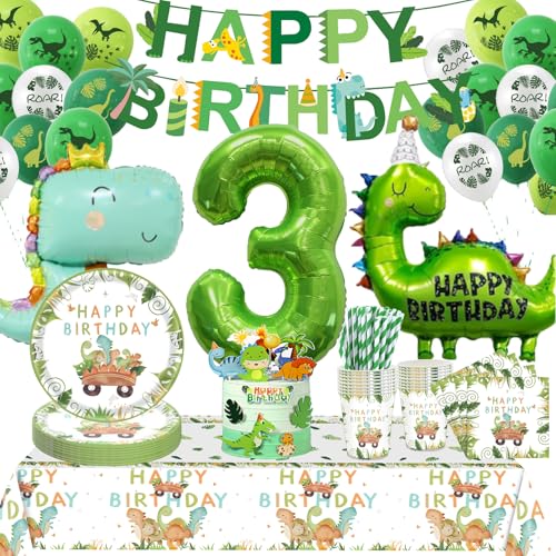 Decoration Anniversaire Dinosaure 3 Ans,Vaisselle Anniversaire Dinosaure,Ballon Anniversaire Dinosaure 3 Ans,Dino Déco Anniversaire Garçon,Vaisselle de Fête...