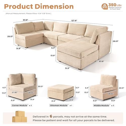 Image of ovios Modular Sectional Sofa Couch with Sofa Bed L-Shape Chaise, Comfy Plush Corduroy Cloud Couches, Modern Luxury Deep Seat Sofas Set for Living Room, 6-Seater, Beige
