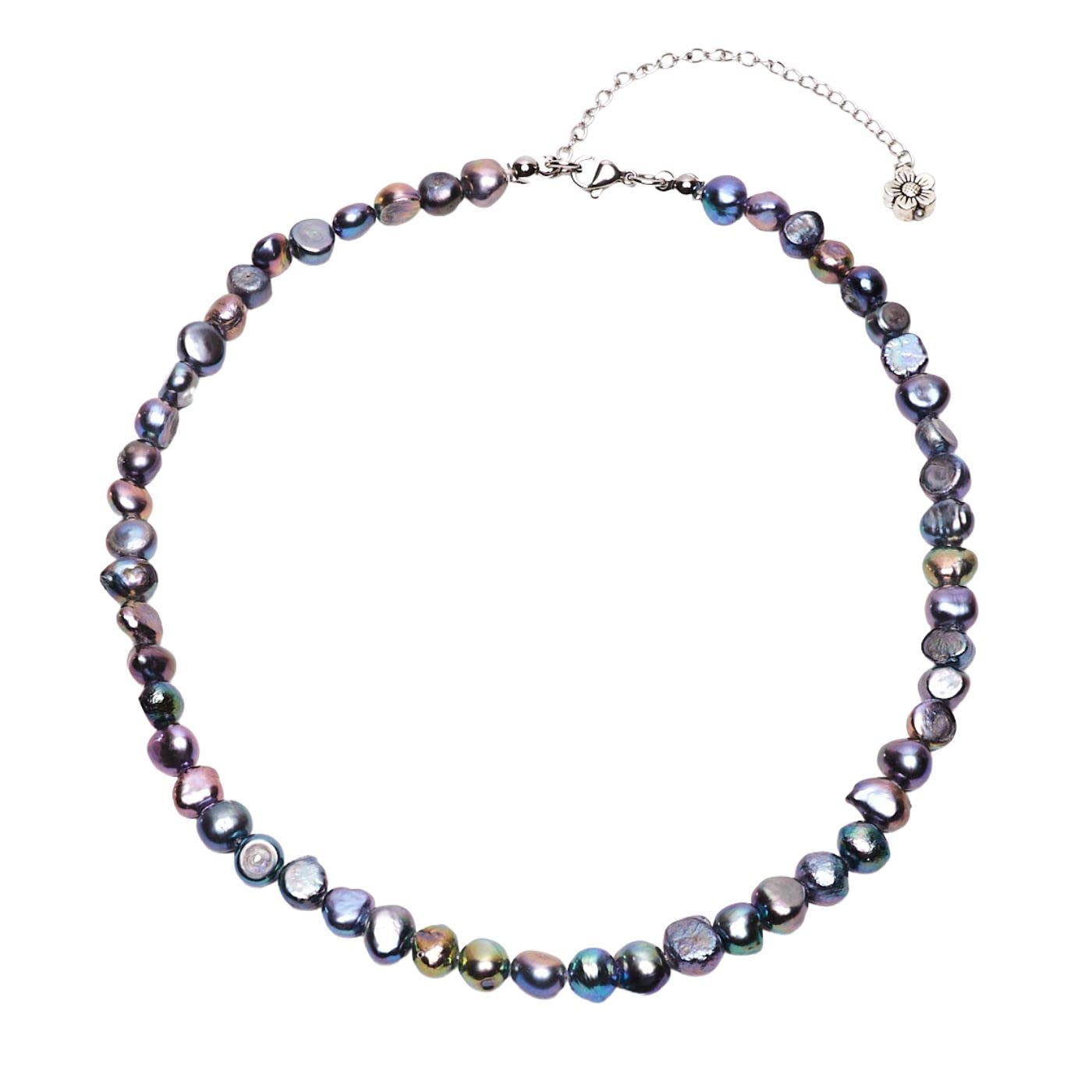 Collier de perles fait main pour femmes Perle baroque 7mm - Longueur du collier : 39.5cm + 5cm de rallonge (Noir)