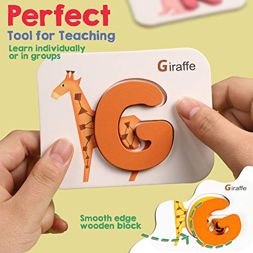 Vmini Animal Numbers Alphabets Flash Cards Wooden Jigsaw Puzzle Board Set Preschool Educational Montessori Toys for Toddlers Kids Boys Girls 3+ Years Old