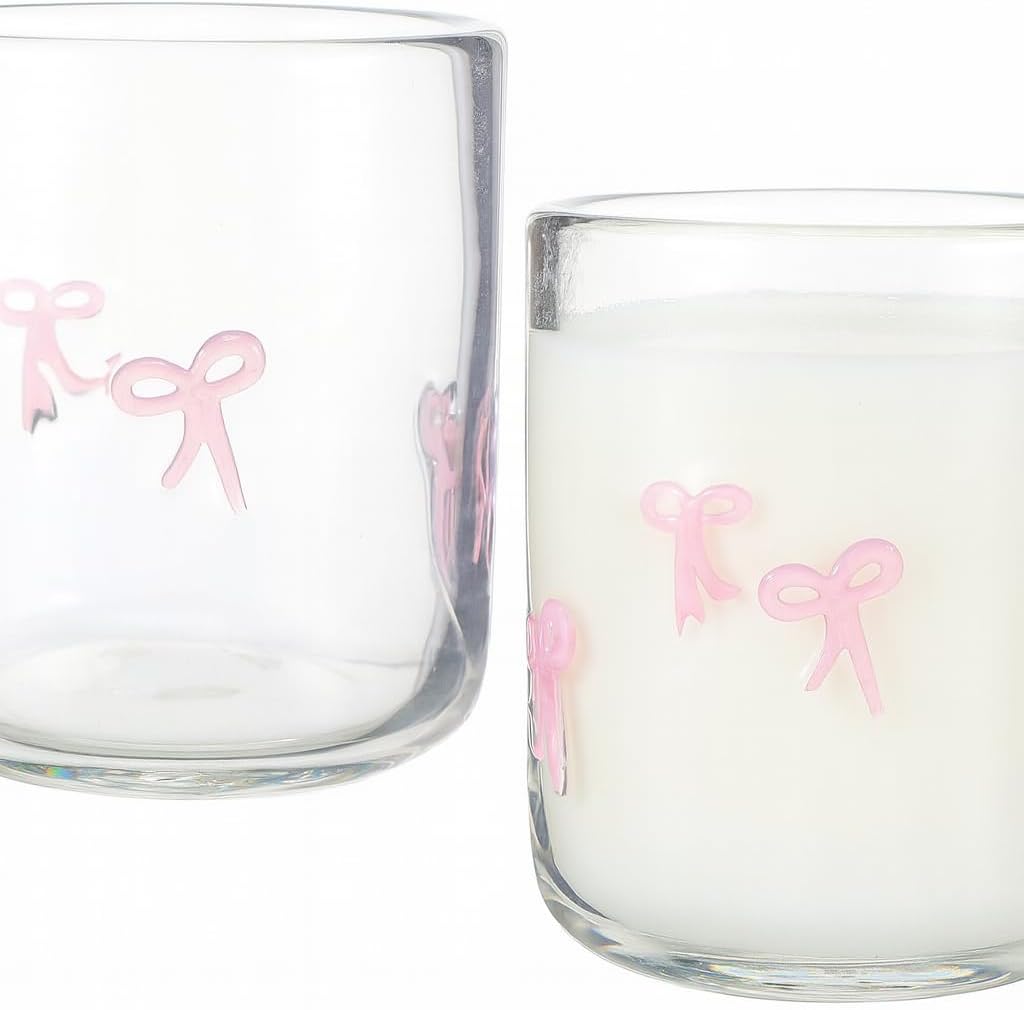 Khen 2 Pack Coquette Bow Icon Juice Glass Coquette Bow Aesthetic Cup 15 ounce Double Old Fashioned Icon Handblown Cocktail glasses for Women Friend Party, Bridal Shower Gifts(Blush Pink)