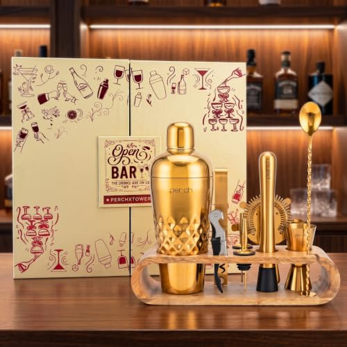 Image of O' Holic by Perch Cocktail Shaker Gift Set|10-Piece Stainless Steel Bartender Kit with Mango Wooden Stand| Accessories for Home Bar|Gift Box for Winters, Birthday, Wedding,Anniversary,Christmas|Golden