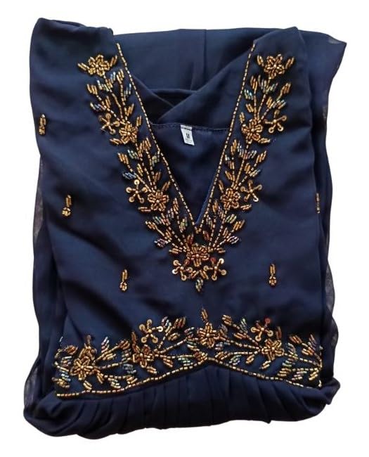 Butter Buds Women Vishu Solid Georgette Aliya Cut Heavy Floral Handwork Stitched with Crepe Lining Boutique Style Jewel Neck Kurti/Kurta for Office Use-image-16
