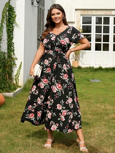 Image of RWJ Women Plus Size Maxi Dress V Neck Short Sleeve Button Trim Split Flowy Tiered Casual Long Dresses 2025 L-3XL
