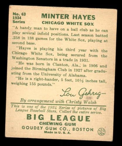 1934 Goudey # 63 Minter Hayes Chicago White Sox (Baseball Card) GOOD White Sox