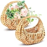 Small Flower Girl Basket Set of 2 - Small Wicker Basket with Handle and Waterproof Lining 6.3' x 5.12' x 3.75' - Tiny Easter Baskets with Rattan Design for Flowers, Sweets, Gifts, Home Decor & Storage