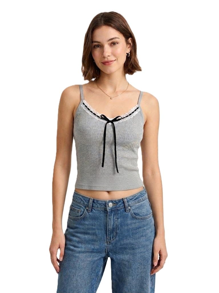 alexvyan Small Grey Lightly Padded Soft Sleeveless Lace Bow Ribbed Summer Tank Top Womens Slips Underwear Tops Undershirt for Women Cami Top Vest V Neck- Soft Spaghetti Strap Camisole-picture-15