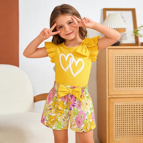 Image of 3-8 T Toddler Girls Clothing Set Ruffle Sleeve Bow Tie Top + Floral Shorts Set