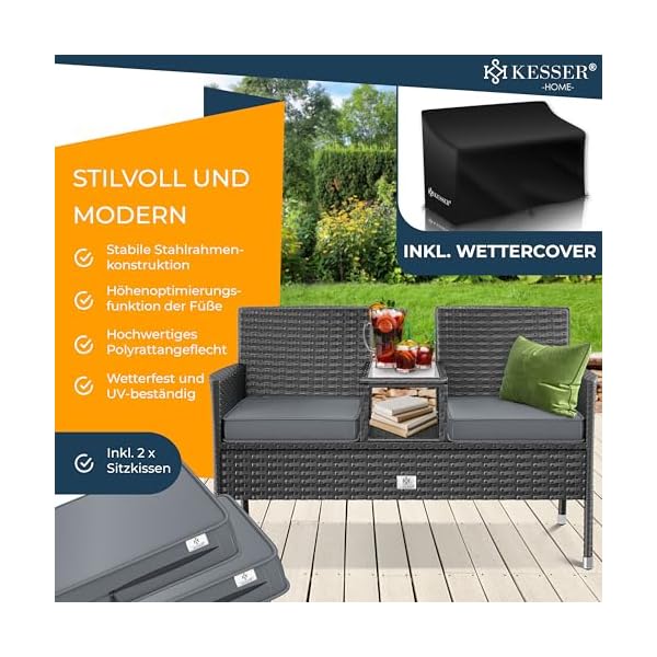 Polyrattan Gartenbank 2-Sitzer mit Tisch Anthrazit